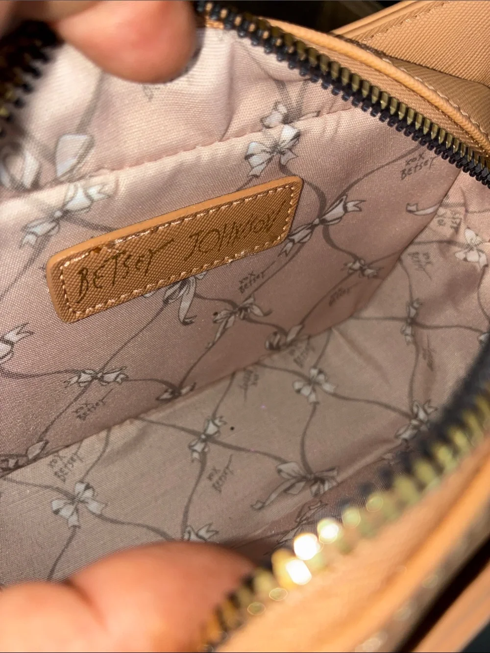Betsey Johnson Tan Crossbody Bag with Purple, Pink and Blue Butterfly